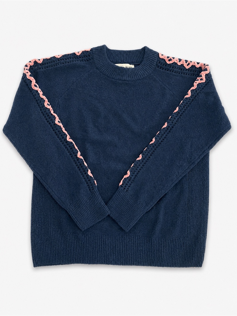 Navy Crewneck Sweater with Pink Trim Accent